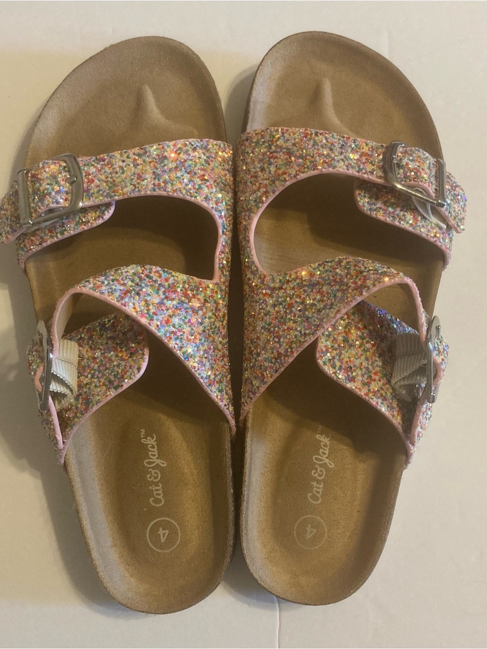 Cat & Jack Pink Multicolor Glitter Buckle Sandals big girls 4